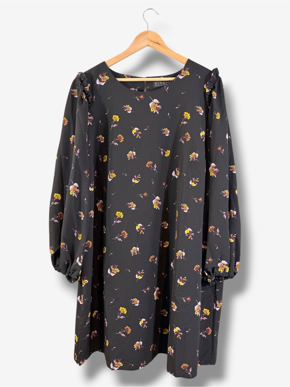 Eloquii Black Floral Print Shift Dress Size 22 Long Sleeve Ruffle Casual Office